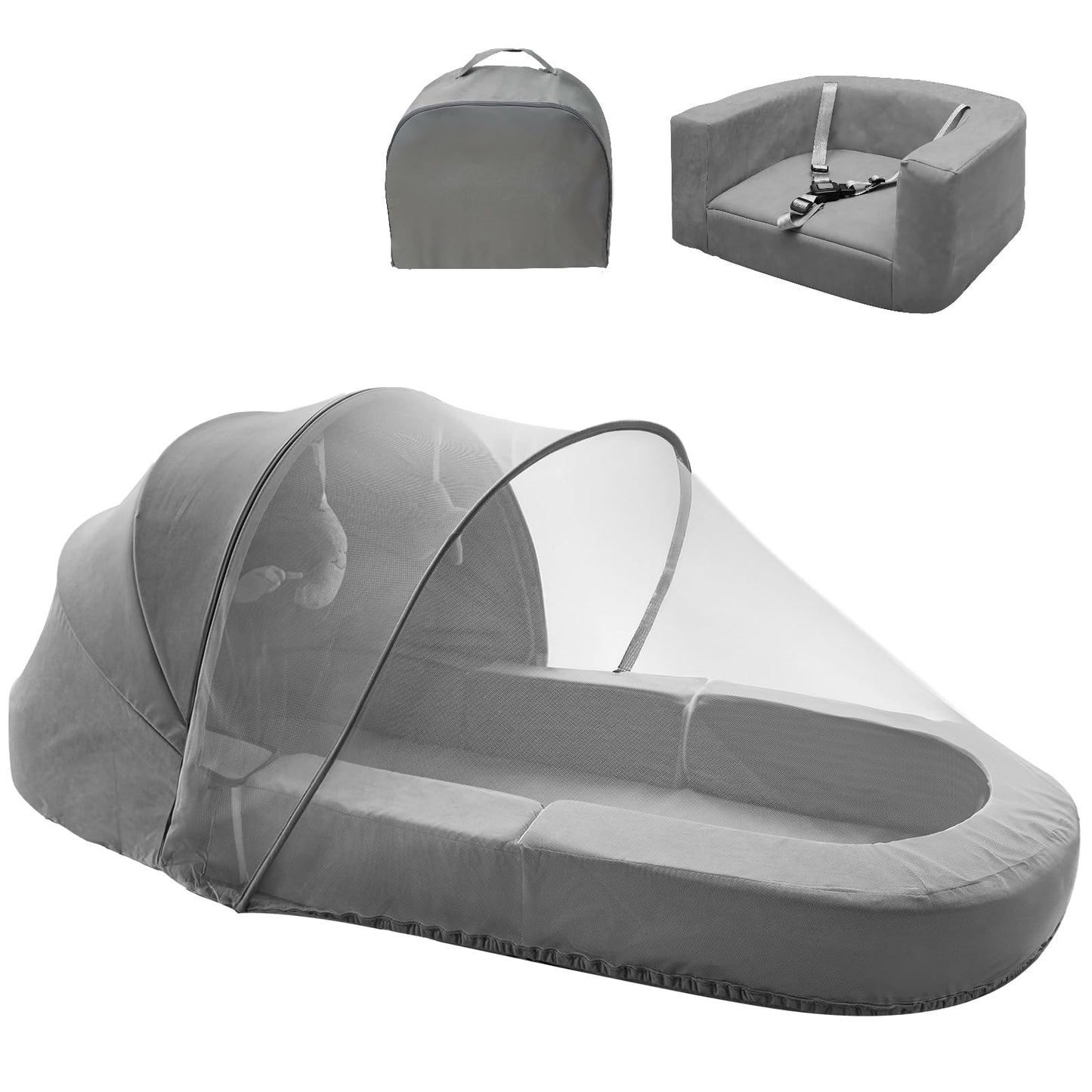 Cutebeams 4-in-1 Portable Baby Travel Bed and Sofa Baby Bassinet/Travel Pod Infant Co-Sleeper Bed with 2-in-1 Mosquito and Canopy for Newborn to 3 Years Size S Gray,Newborn Essentials Gift