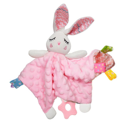 Soothe&Sense Baby Security Blanket with Teether Rattle Crinkle Fabrics & Taggies Soft Sensory Lovey Newborn Essentials Snuggle Stuffed Animal (Pink Bunny)