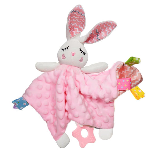 Soothe&Sense Baby Security Blanket with Teether Rattle Crinkle Fabrics & Taggies Soft Sensory Lovey Newborn Essentials Snuggle Stuffed Animal (Pink Bunny)