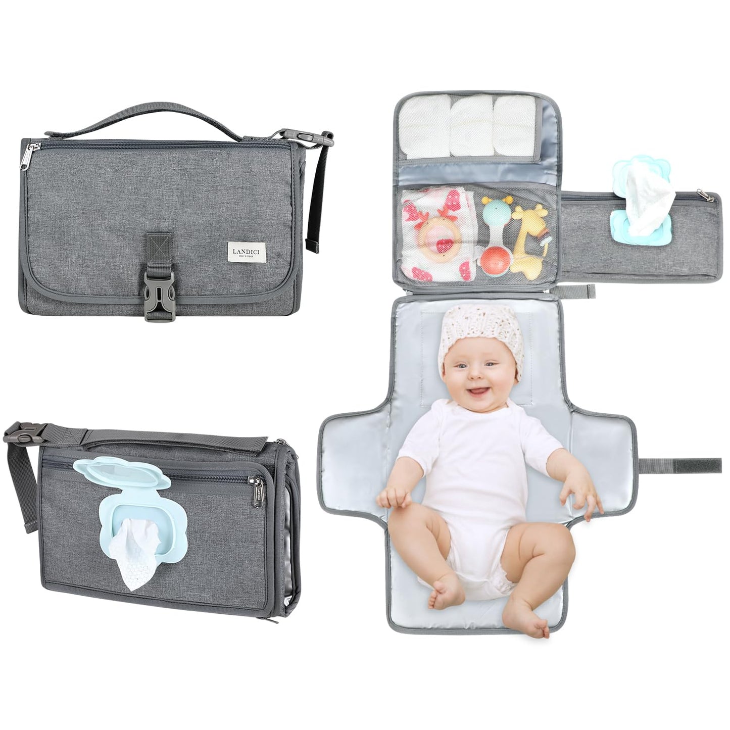 LANDICI Portable Diaper Changing Pad for Newborn Girl & Boy Travel Waterproof Baby Changing Pad with Smart Wipes Pocket Detachable Diaper Changing Mat Gifts for Baby Newborn Essentials Grey