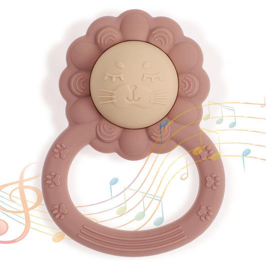 Dirbabi Rattle Teether Lion Shape Montessori Baby Sensory Teething Toys Food Grade Silicone BPA Free Newborn Essentials Must Haves (Shifting Sand Dusty Lilac)