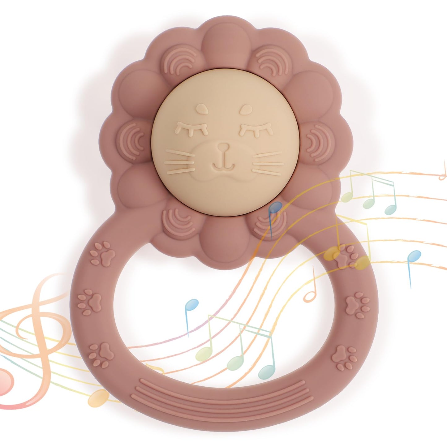 Dirbabi Rattle Teether Lion Shape Montessori Baby Sensory Teething Toys Food Grade Silicone BPA Free Newborn Essentials Must Haves (Shifting Sand Dusty Lilac)